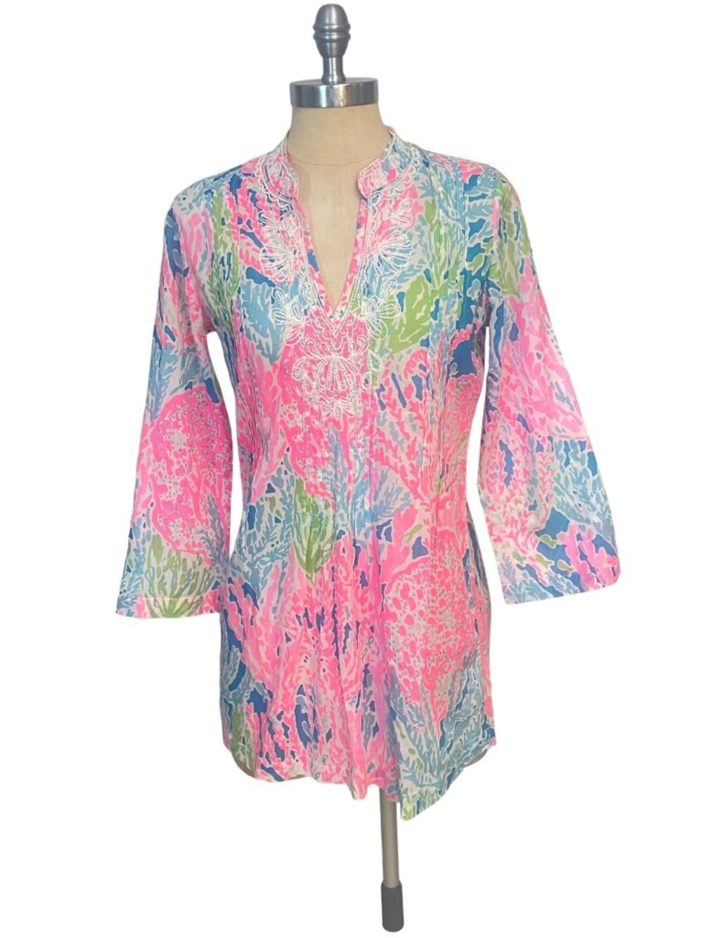 Lilly Pulitzer Sarasota Beaded Tunic Blouse Turquoise Lets Cha Cha Pink Small